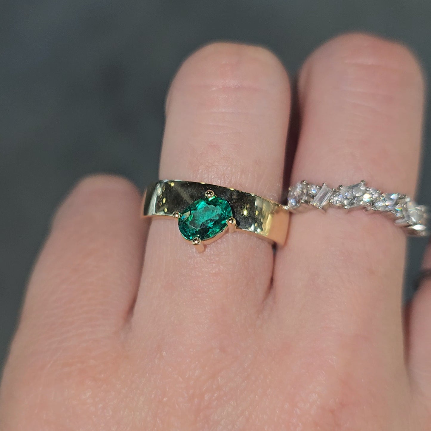 1.00ct Oval Lab Grown Emerald Asymmetrical Ring in 14k Gold