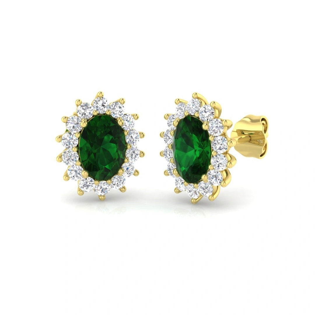2.61ctw Lab Grown Diamond and Emerald Oval Halo Earrings in 9k Gold