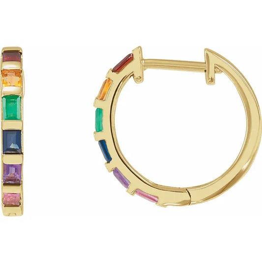 Multicoloured Natural Gemstone 16mm Hoop Earrings in 14k Gold