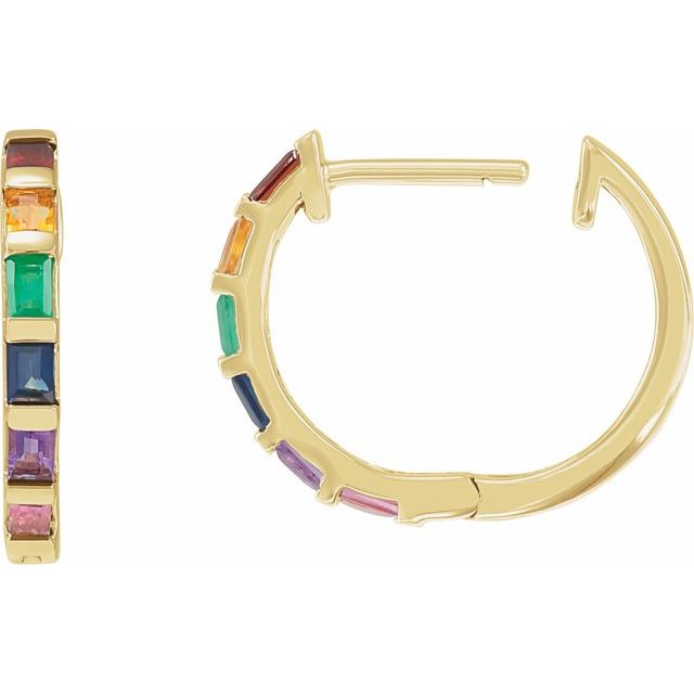 Multicoloured Natural Gemstone 16mm Hoop Earrings in 14k Gold