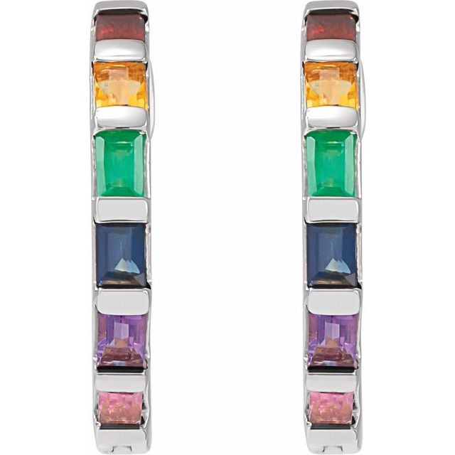 Multicoloured Natural Gemstone 16mm Hoop Earrings in 14k Gold