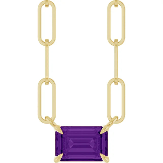 Emerald cut Natural Gemstone Paperclip Necklace in 14k Gold