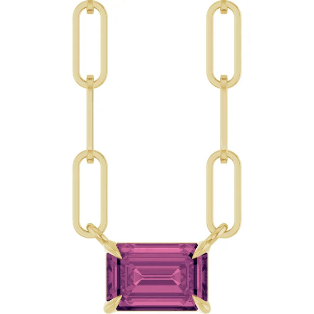 Emerald cut Natural Gemstone Paperclip Necklace in 14k Gold