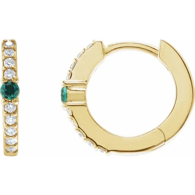 0.20ct Natural Mined Diamond and Emerald 13.6mm Hoop Earrings in 14k Gold