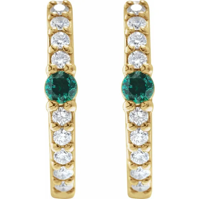 0.20ct Natural Mined Diamond and Emerald 13.6mm Hoop Earrings in 14k Gold