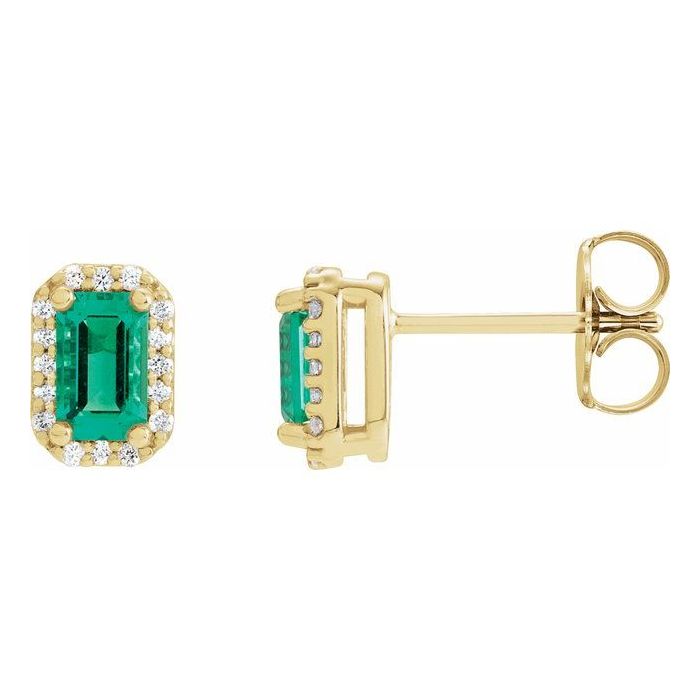 0.60ct Emerald 0.10ct Diamond Halo Earrings in 14k Gold