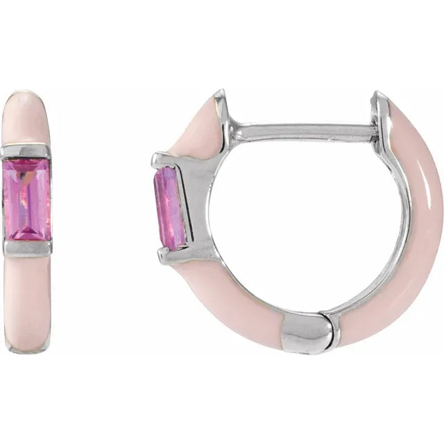 Pink Enamel and Pink Tourmaline 11mm Hoop Earrings in 14k Gold