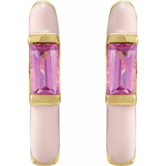 Pink Enamel and Pink Tourmaline 11mm Hoop Earrings in 14k Gold