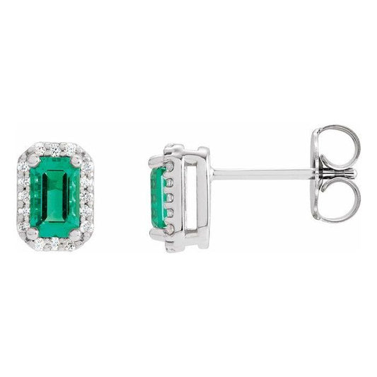 0.60ct Emerald 0.10ct Diamond Halo Earrings in 14k Gold