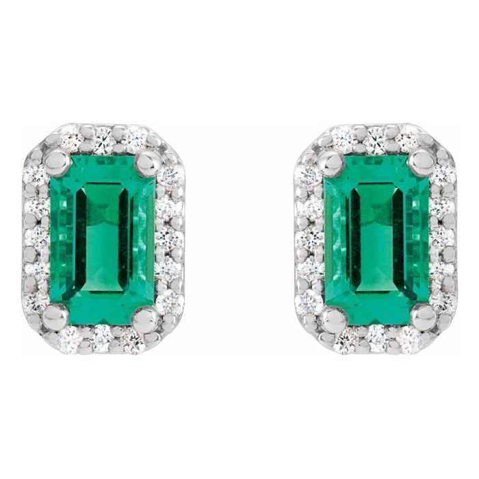 0.60ct Emerald 0.10ct Diamond Halo Earrings in 14k Gold