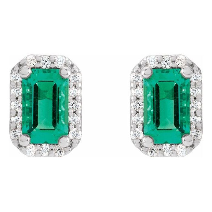 0.60ct Emerald 0.10ct Diamond Halo Earrings in 14k Gold