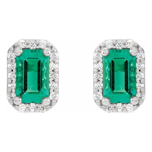 0.60ct Emerald 0.10ct Diamond Halo Earrings in 14k Gold