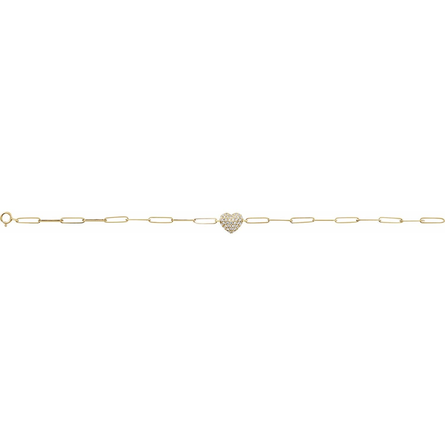 0.35ct Natural Mined Diamond Puffed Heart Paperclip Bracelet in 14k Gold