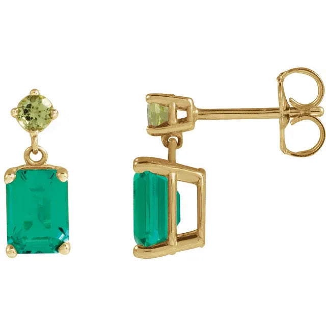 2.00ctw Lab Grown Emerald 0.20ctw Peridot Drop Earrings in 14k Gold