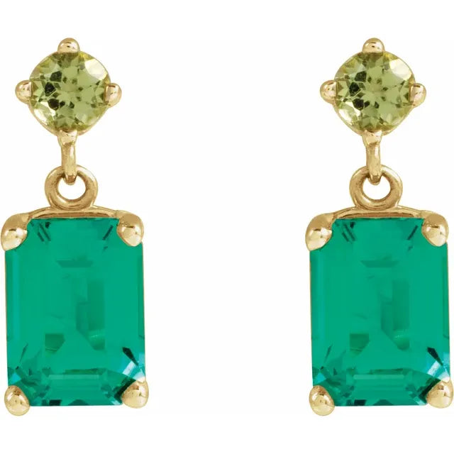 2.00ctw Lab Grown Emerald 0.20ctw Peridot Drop Earrings in 14k Gold