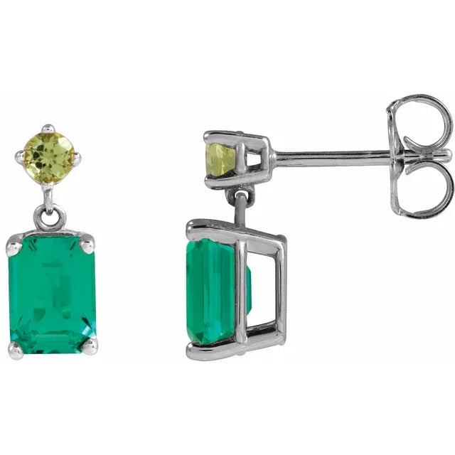 2.00ctw Lab Grown Emerald 0.20ctw Peridot Drop Earrings in 14k Gold