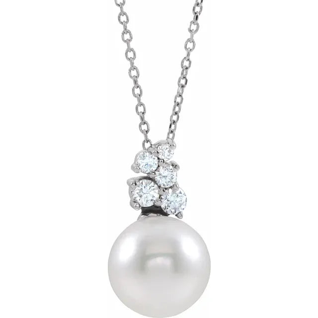 10mm Cultured Pearl & 0.25ctw Diamond Cluster Necklace in 14k Gold