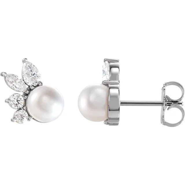 5.5mm Freshwater Pearl & Diamond Accented Earrings in 14k Gold