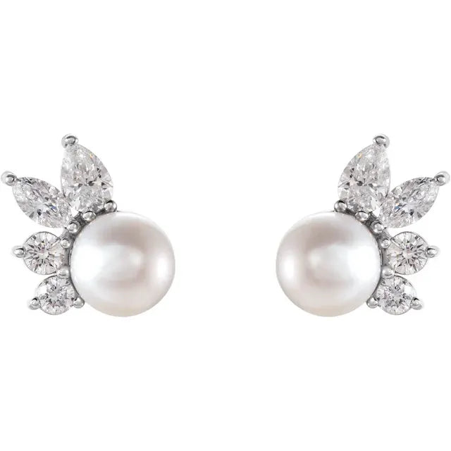 5.5mm Freshwater Pearl & Diamond Accented Earrings in 14k Gold