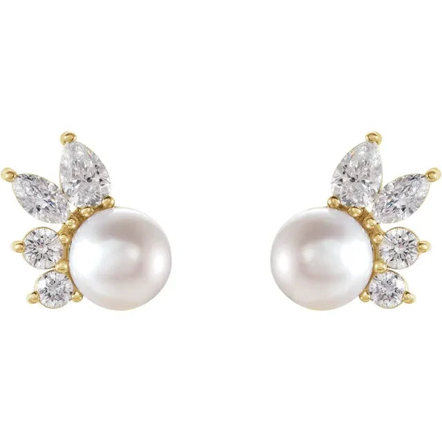 5.5mm Freshwater Pearl & Diamond Accented Earrings in 14k Gold