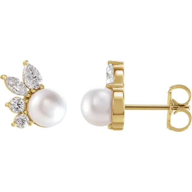 5.5mm Freshwater Pearl & Diamond Accented Earrings in 14k Gold