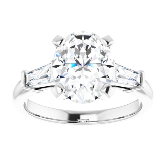 The Cassandra 2.40ctw Oval and Baguette cut Lab Grown Diamond Trilogy Engagement Ring