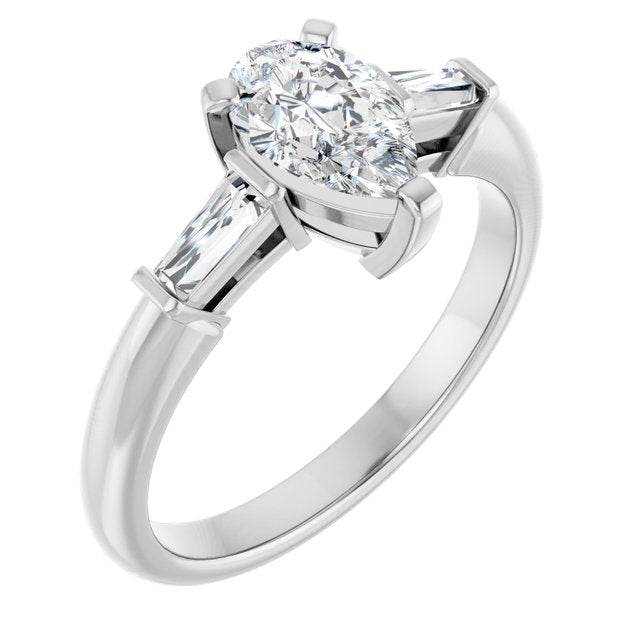 The Cassandra 1.40ctw Pear and Baguette cut Lab Grown Diamond Trilogy Engagement Ring