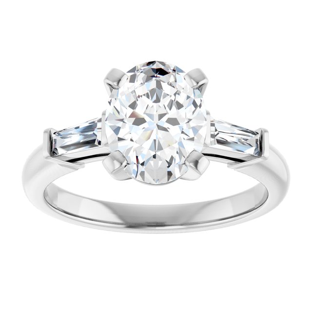 The Cassandra 1.90ctw Oval and Baguette cut Lab Grown Diamond Trilogy Engagement Ring