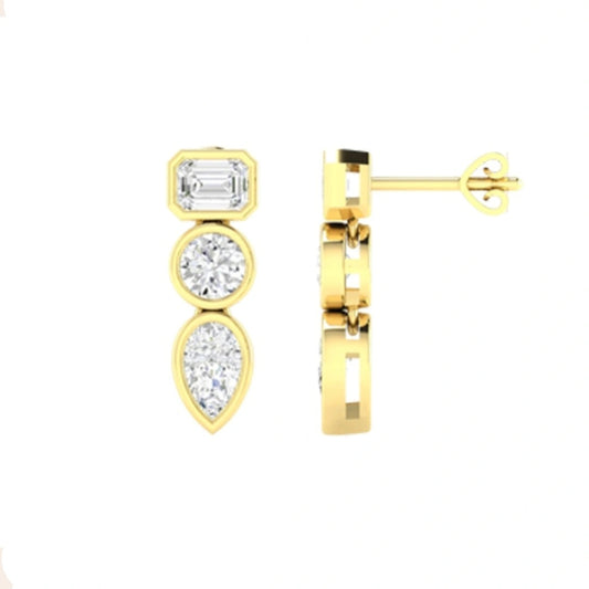 1.50ct Lab Grown Diamond Three Stone Bezel Drop Earrings in 14k Gold