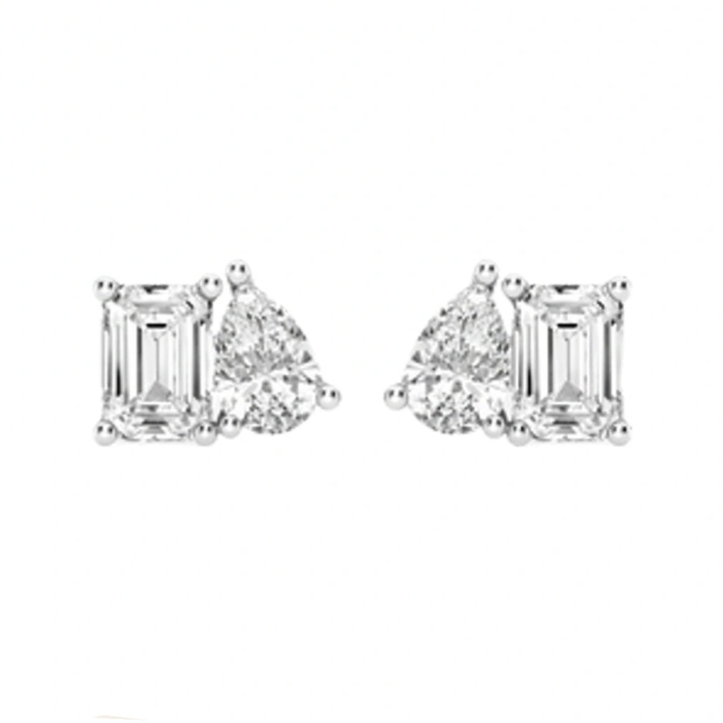 2.00ct Lab Grown Diamond Toi et Moi Emerald cut and Pear Earrings in 14k Gold