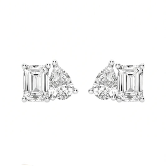 2.00ct Lab Grown Diamond Toi et Moi Emerald and Pear Earrings in 14k Gold