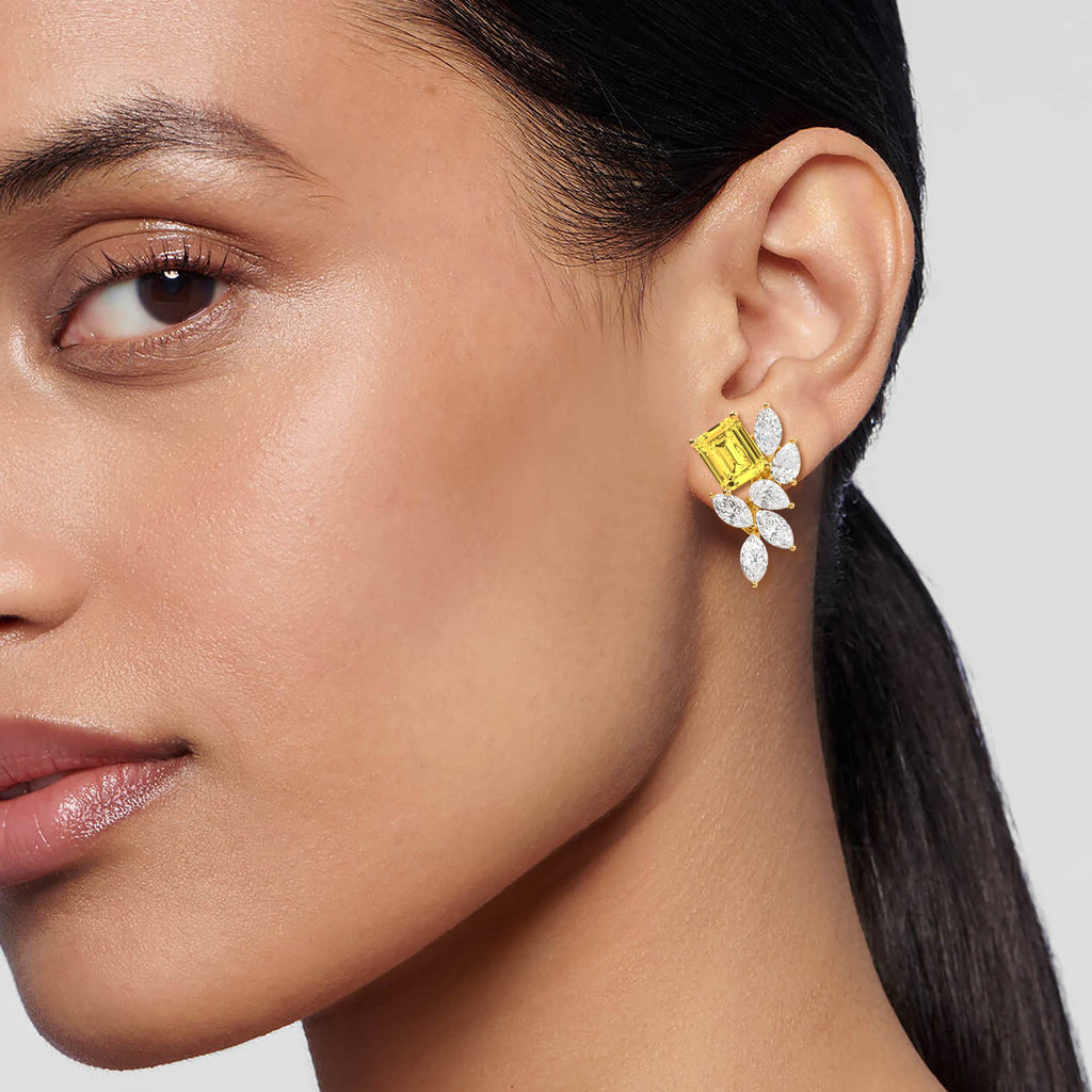 13.86ct Emerald cut Yellow Lab Grown Diamond Floral Exceptional Earrings