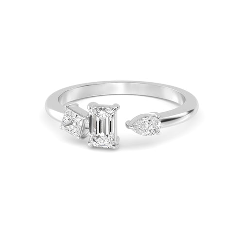 0.65ct Pear Princess and Emerald cut Lab Grown Diamond Three Stone Open Ring