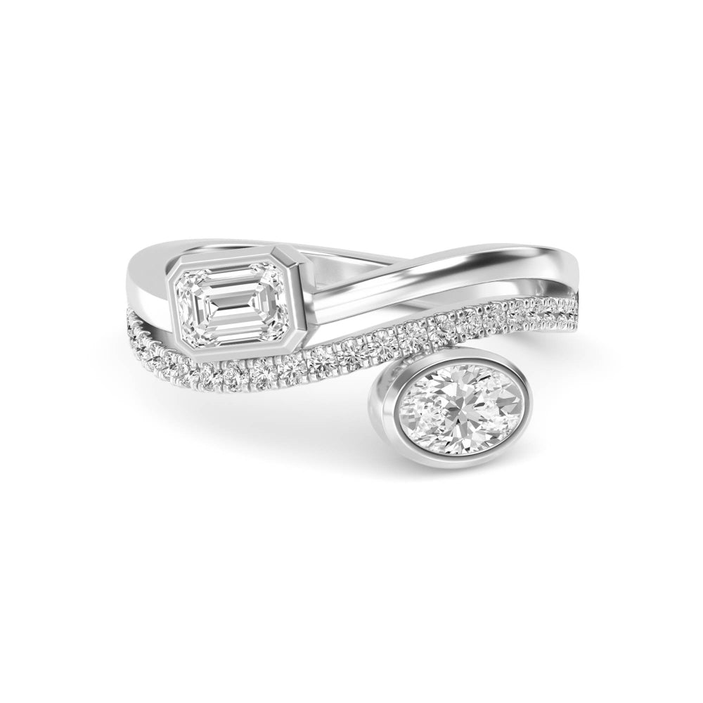 1.00ct Toi Et Moi Emerald cut and Oval Lab Grown Diamond Bezel Pave Wave Ring