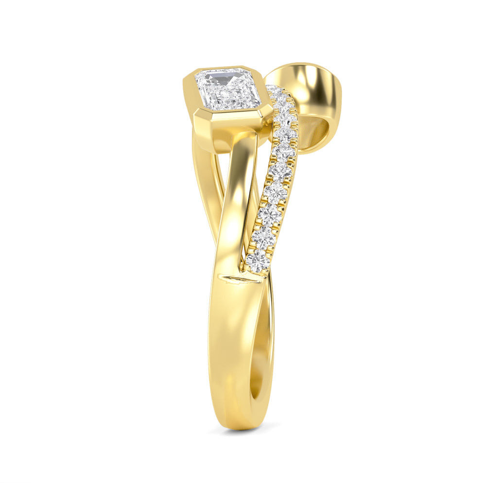 1.00ct Toi Et Moi Emerald cut and Oval Lab Grown Diamond Bezel Pave Wave Ring