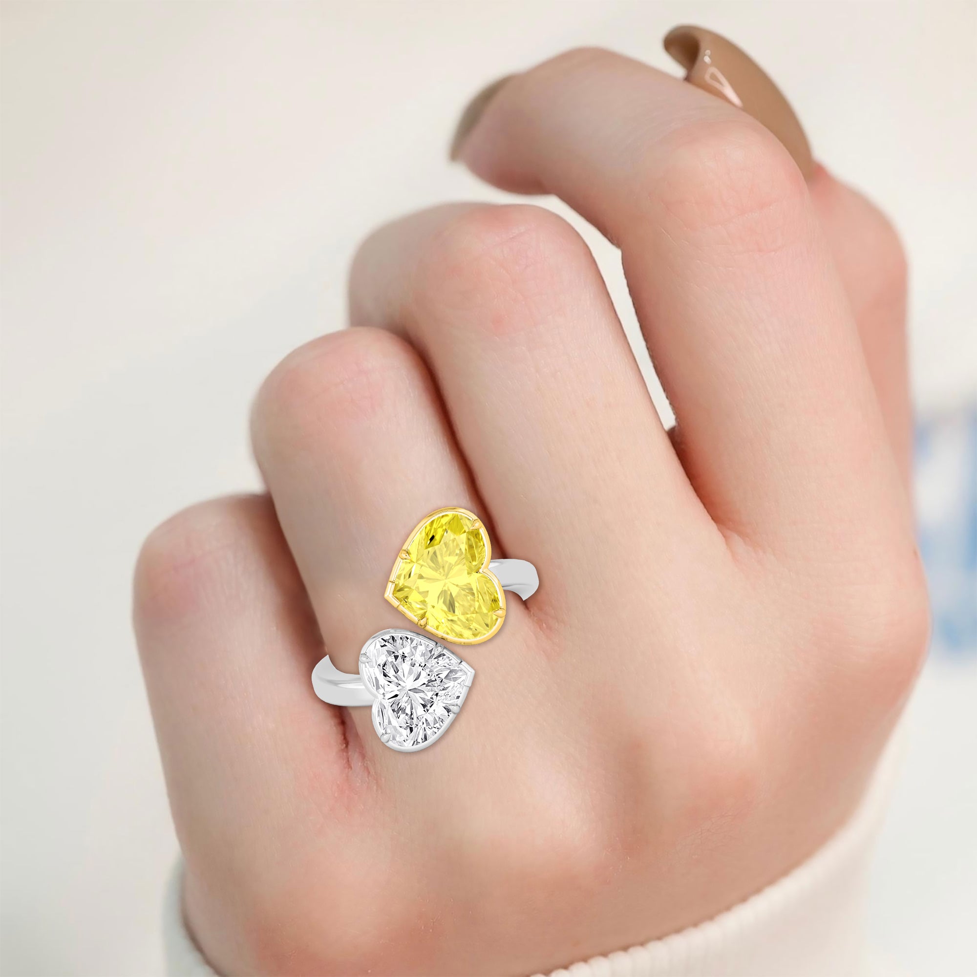 8.00ct Toi Et Moi Heart Yellow and White Lab Grown Diamond Ring