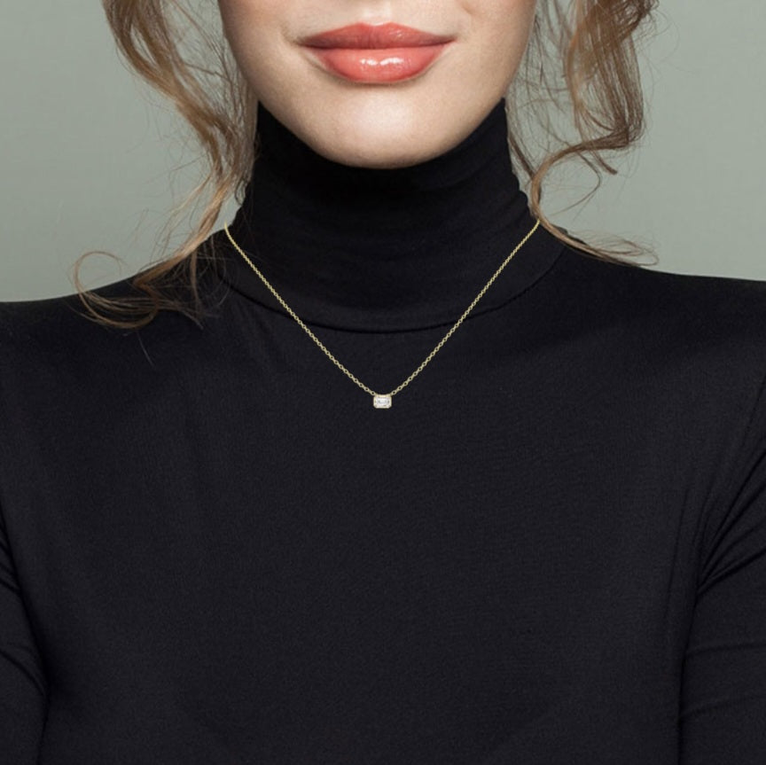 1.00ct Emerald cut Lab Grown Diamond Bezel Solitaire Necklace in 14k Gold