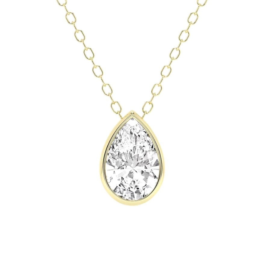 1.00ct Pear cut Lab Grown Diamond Bezel Solitaire Necklace in 14k Gold