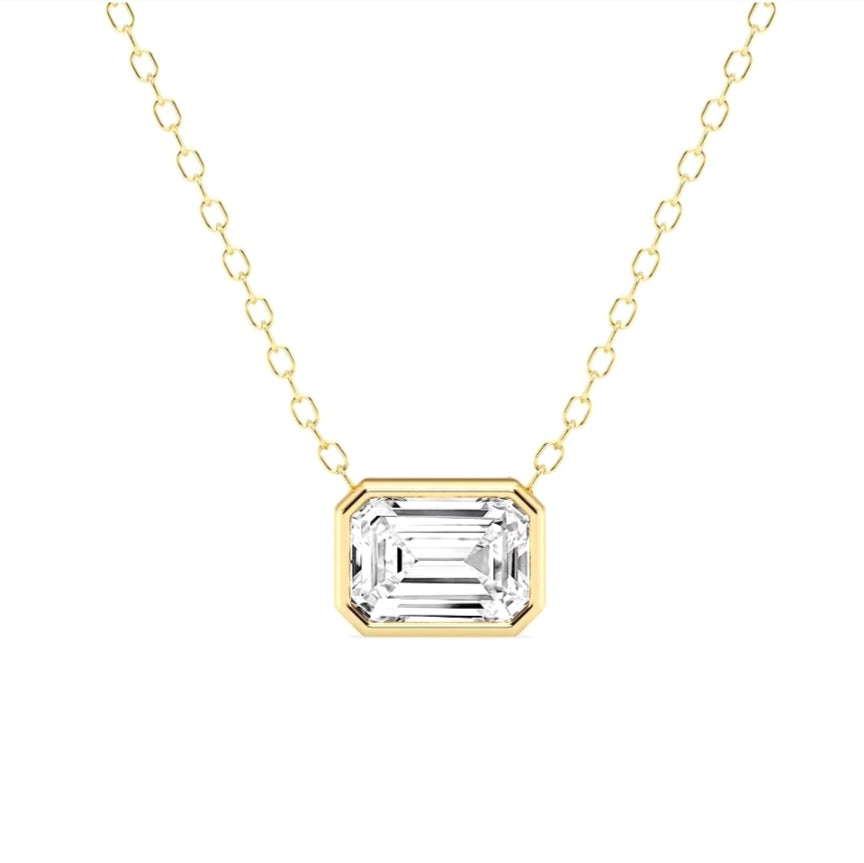 1.00ct Emerald cut Lab Grown Diamond Bezel Solitaire Necklace in 14k Gold