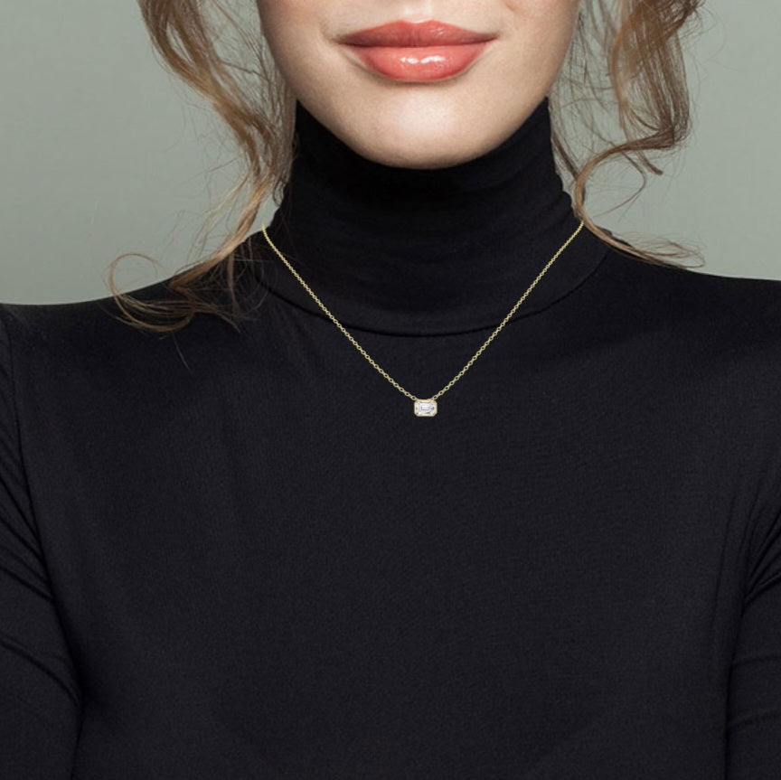 2.00ct Lab Grown Diamond Bezel Emerald cut Solitaire Necklace in 14k Gold