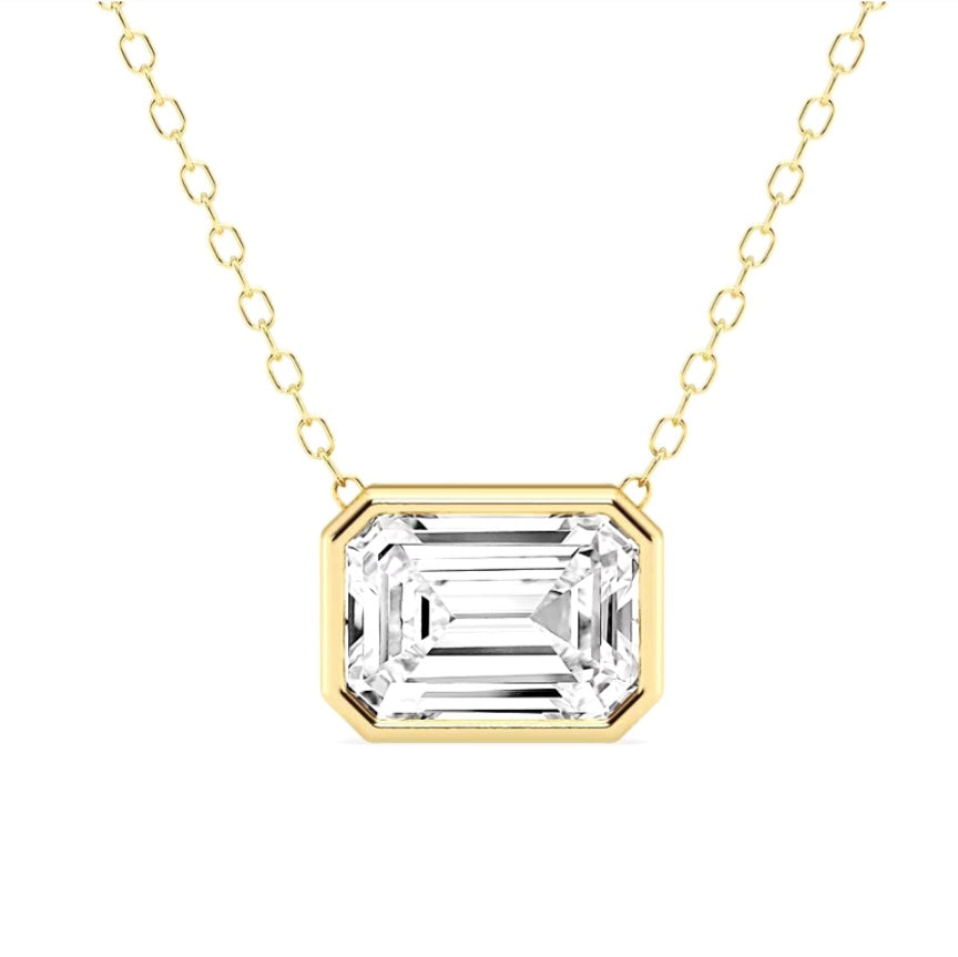 2.00ct Lab Grown Diamond Bezel Emerald cut Solitaire Necklace in 14k Gold