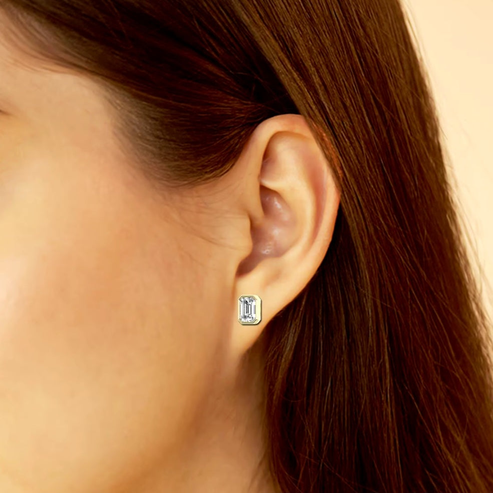 2.00ct Lab Grown Diamond Emerald cut Bezel Set Earrings in 14k Gold
