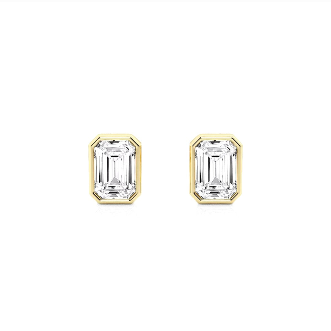 1.00ct Lab Grown Diamond Emerald cut Bezel Set Earrings in 14k Gold