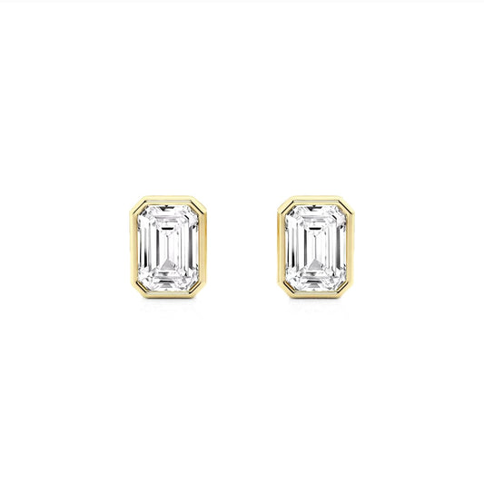 1.00ct Lab Grown Diamond Emerald cut Bezel Set Earrings in 14k Gold