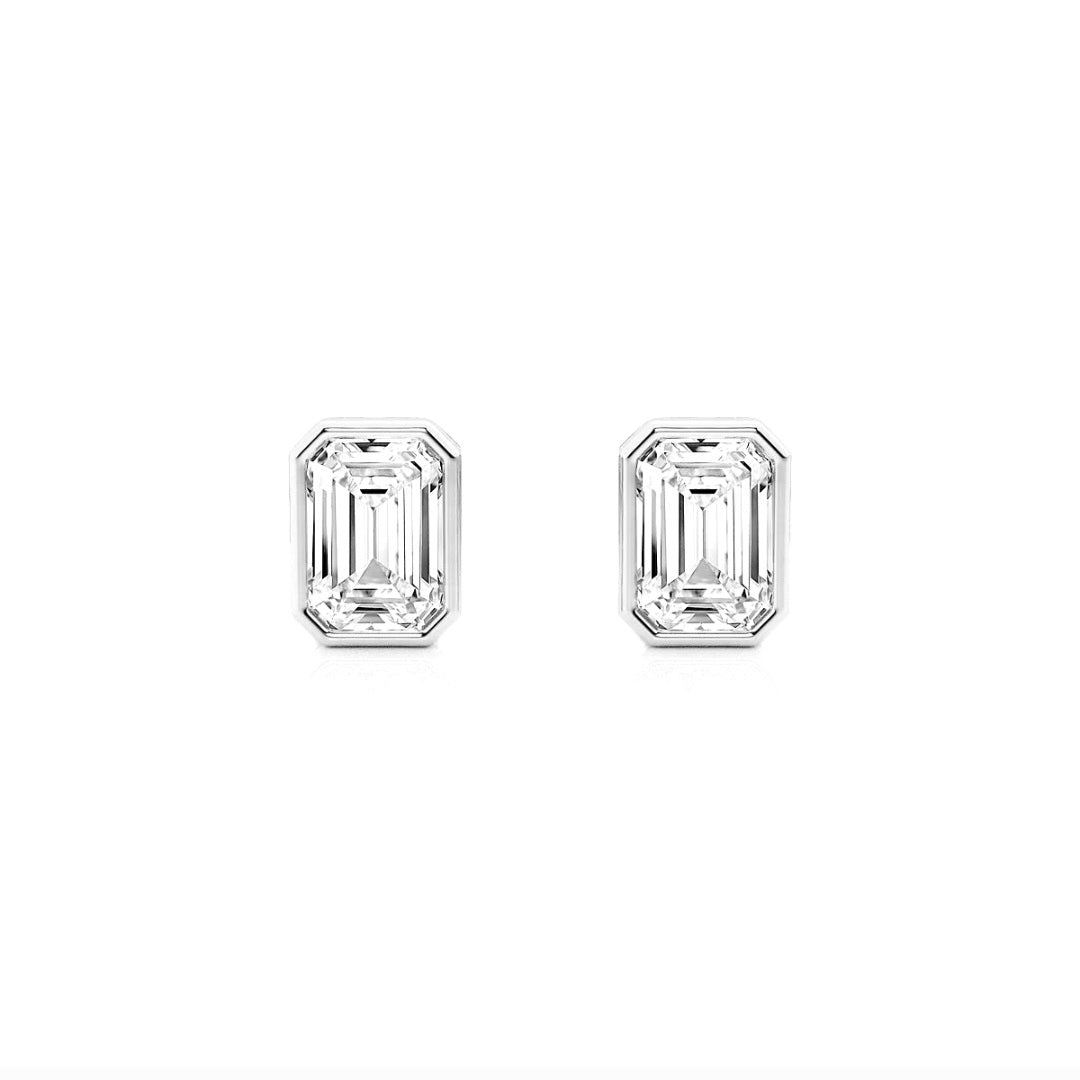 1.00ct Lab Grown Diamond Emerald cut Bezel Set Earrings in 14k Gold