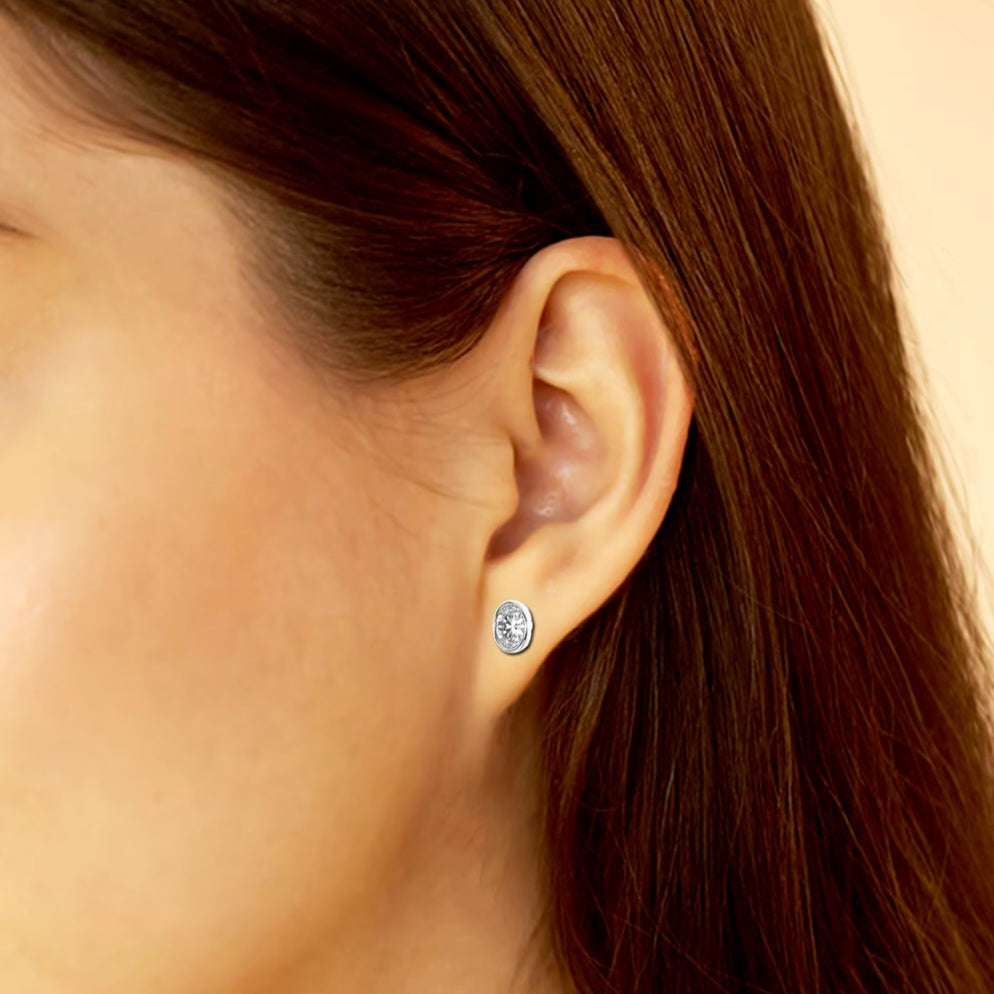 1.00ct Lab Grown Diamond Oval cut Bezel Set Earrings in 14k Gold