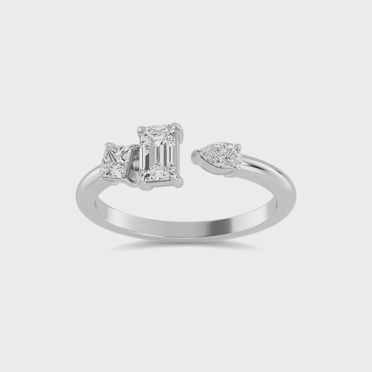 0.65ct Pear Princess and Emerald cut Lab Grown Diamond Three Stone Open Ring