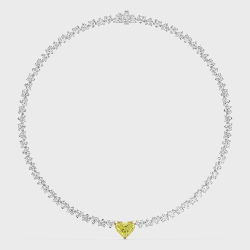 34.03ct Yellow and White Heart Shape Lab Grown Diamond Exceptional Tennis Necklace