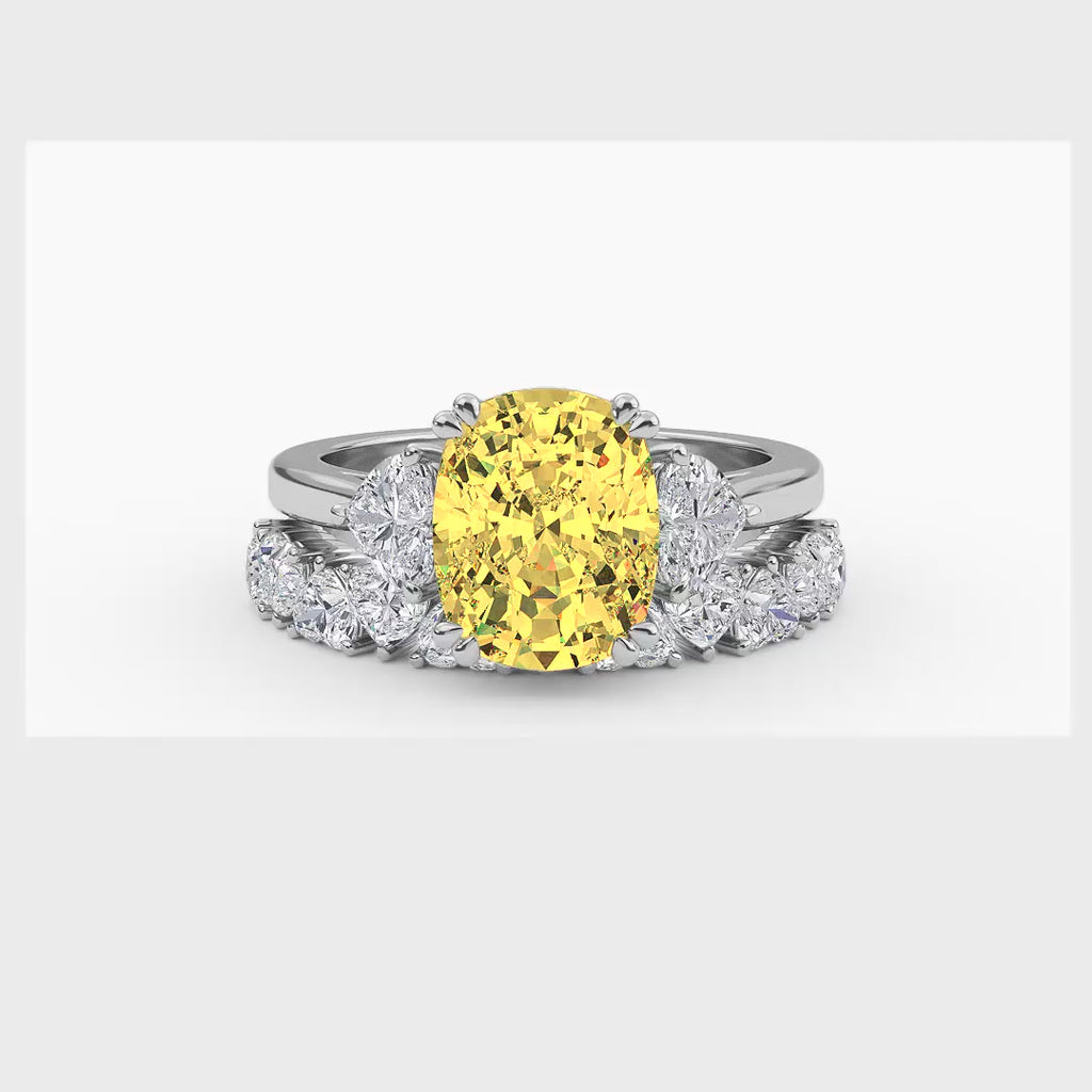 4.70ctw Yellow Cushion and Heart cut Lab Grown Diamond Exceptional Trilogy Engagement and Wedding Ring Set