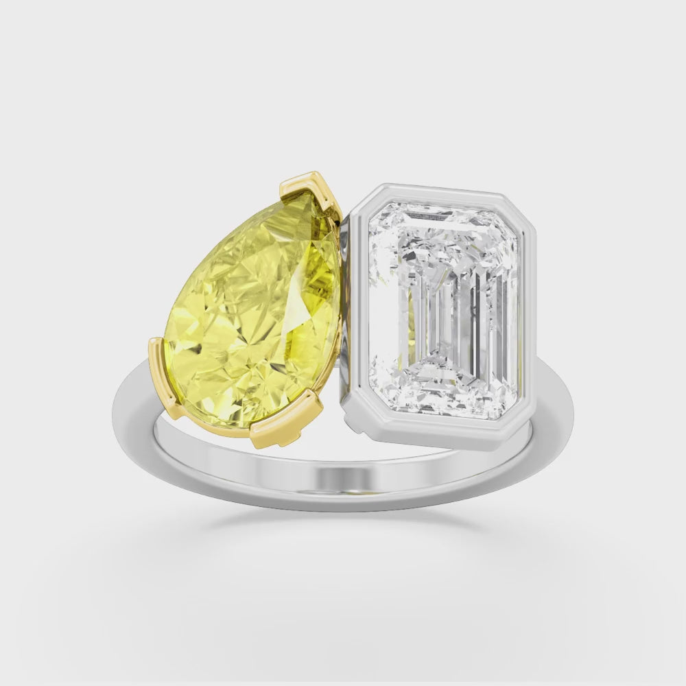 7.00ctw Emerald cut and Yellow Pear Lab Grown Diamond Toi et Moi Bezel Engagement Ring